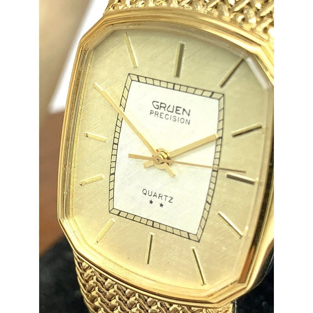 Gruen Unisex Watch 2 Star Quartz Gold Dial Rectangular Mesh Stainless St…